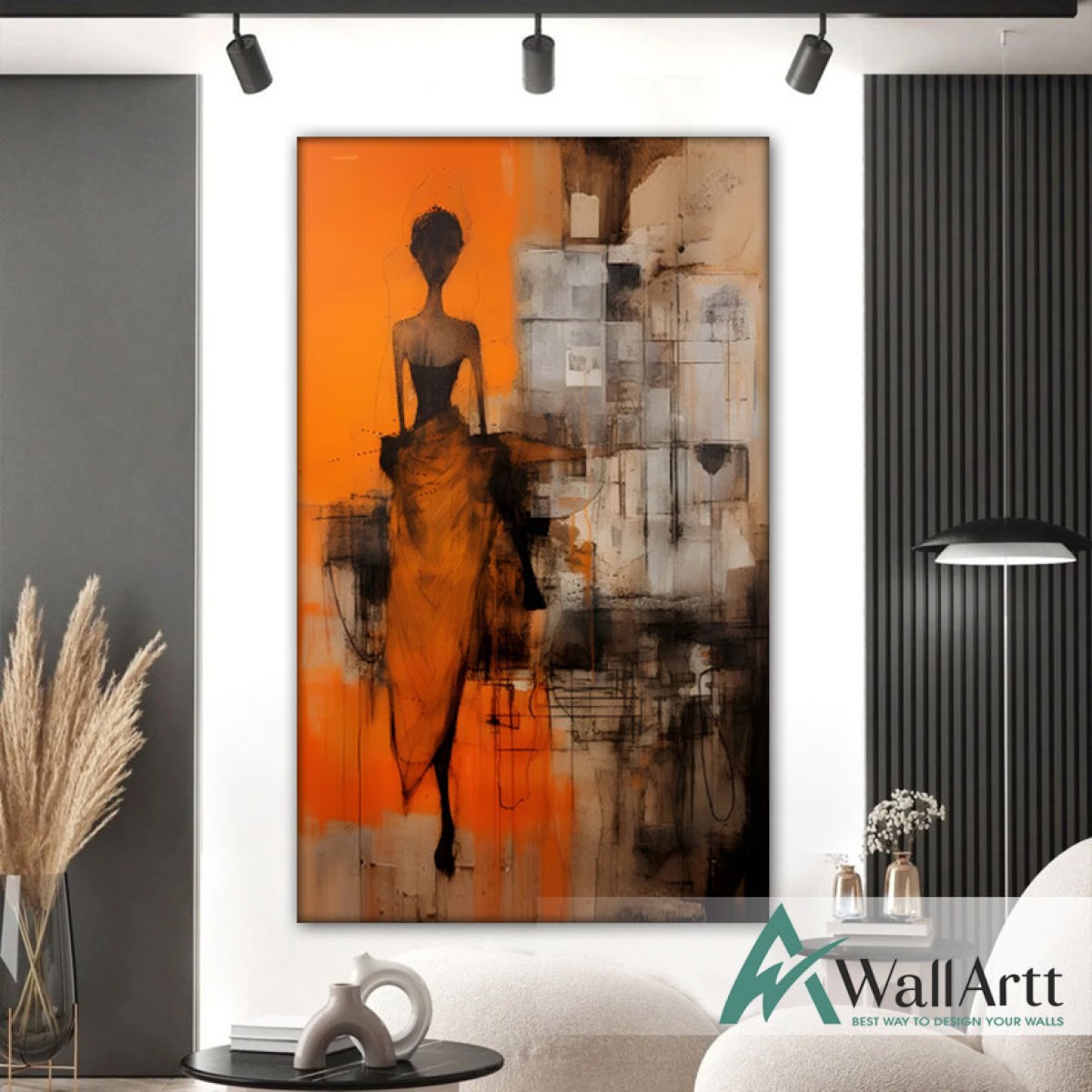 Orange Dressed Woman Textured Partial Oil Painting - Wall Art